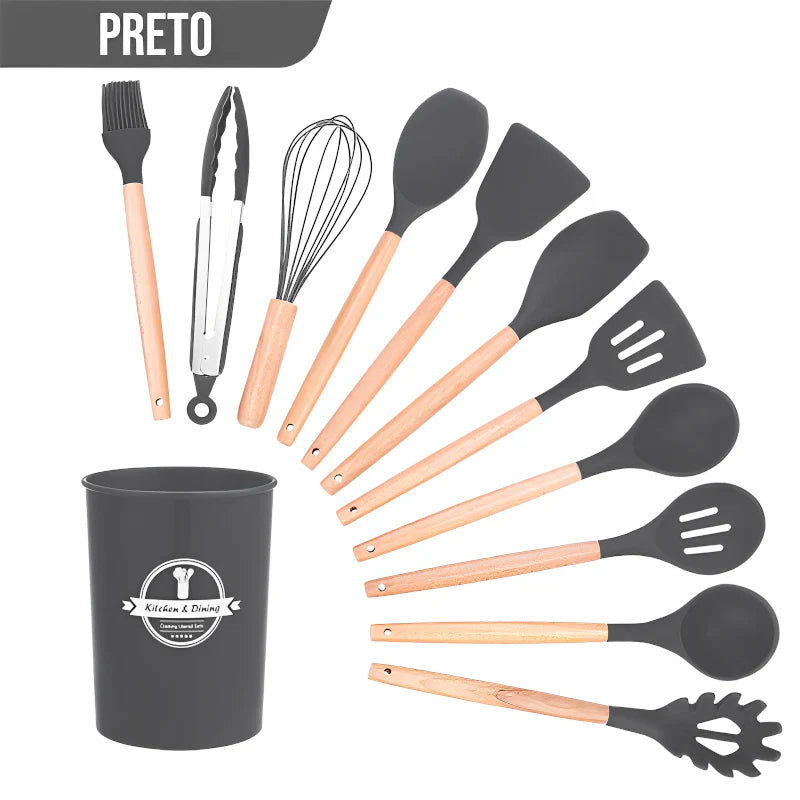 Utensílios de Silicone com Cabo de Madeira  Para cozinha (12 Peças)