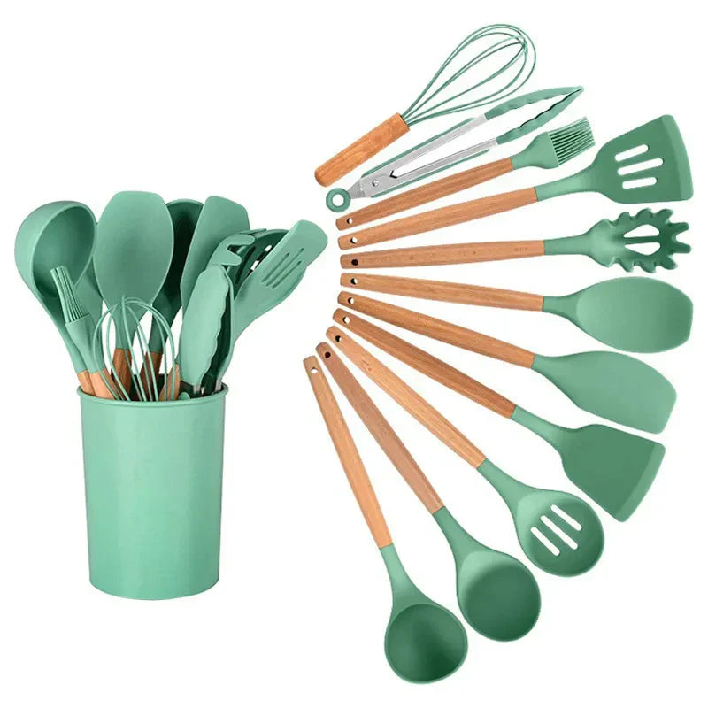 Utensílios de Silicone com Cabo de Madeira  Para cozinha (12 Peças)